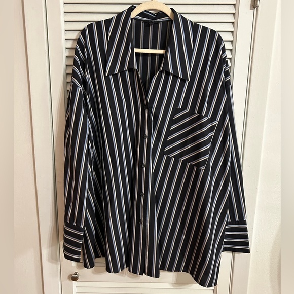 COS Tops - COS Navy Striped Boxy Oversized Button-Down Shirt with Turned Cuffs, Size 12